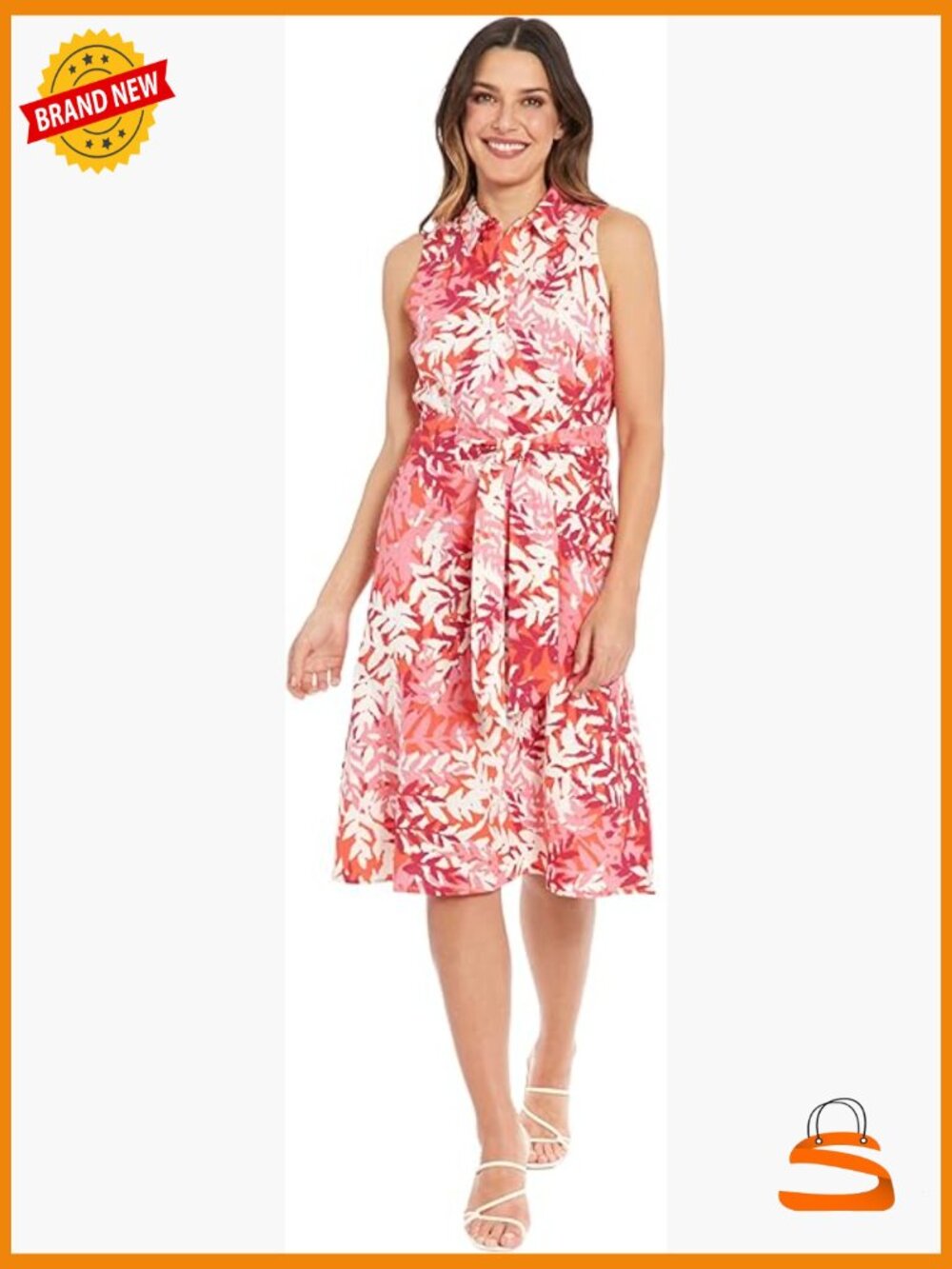 Women's Linen Blend Polished Preppy Classic Belted Shirt Dress Sleeveless